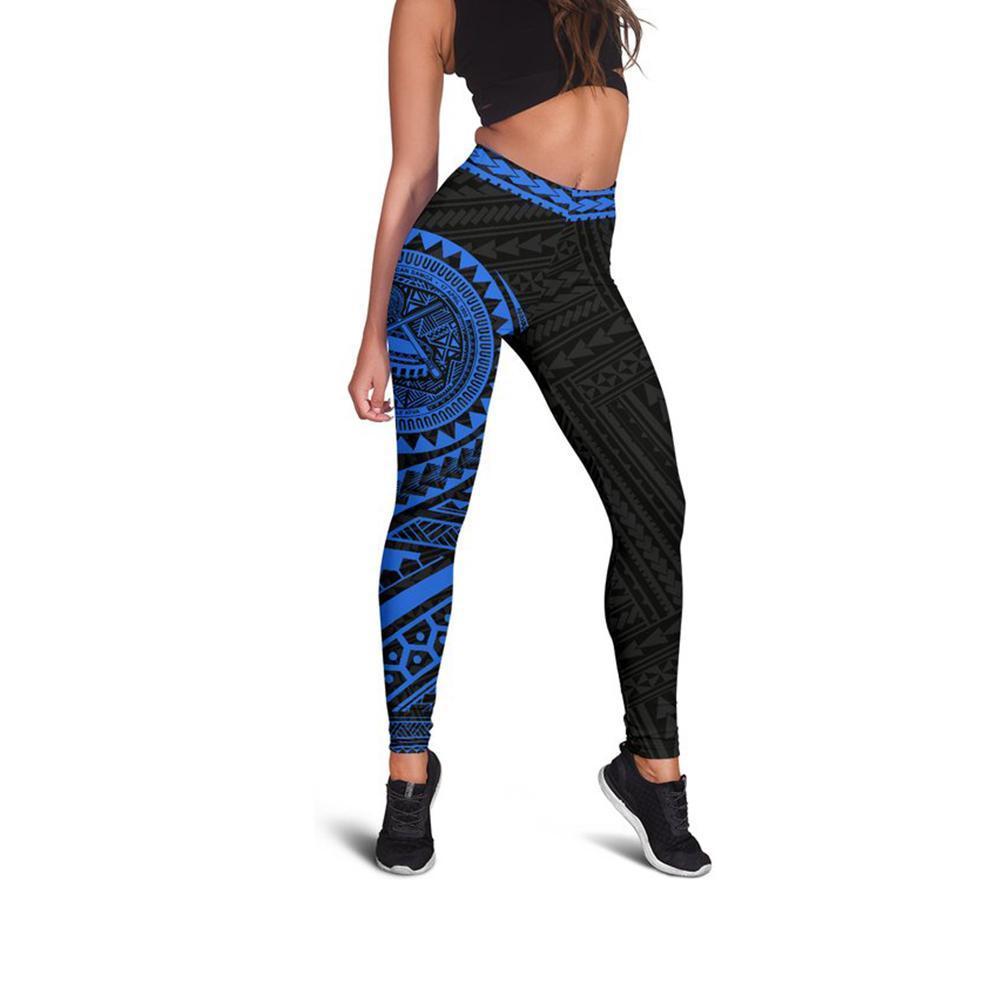 Leggings with high-waist cut, black base and blue circular tribal emblem design