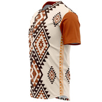 Side view: cream jersey with rust sleeves and native geometric panel print