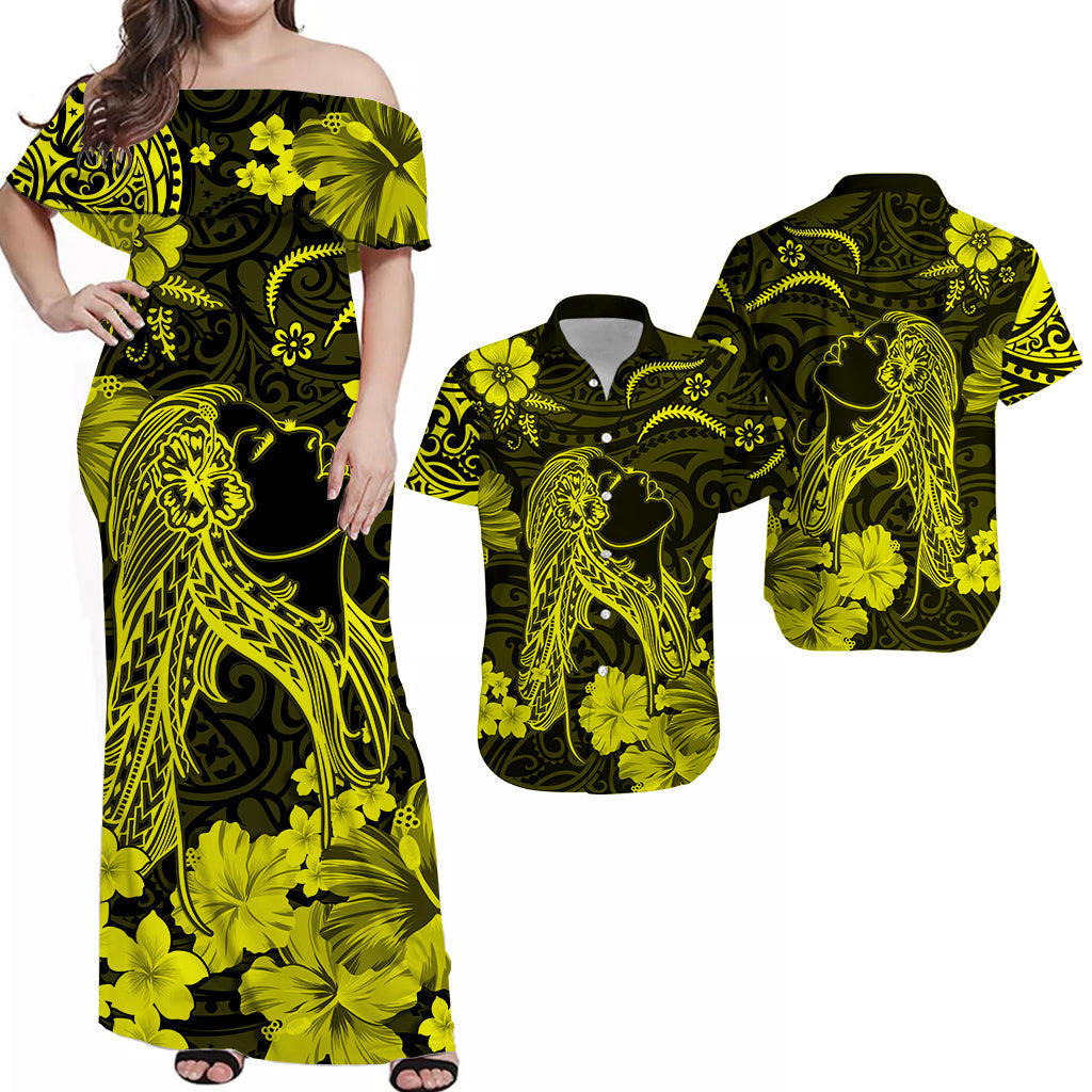 Hawaiian hula dress and matching shirt, black with neon yellow floral print