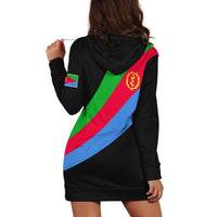 Black hoodie dress back view with Eritrea flag diagonal print and draped hood