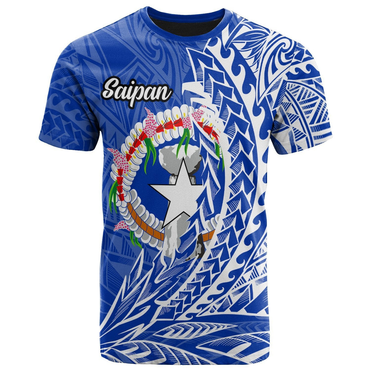 Blue t-shirt with front star-wing graphic, lei beads, and Saipan text