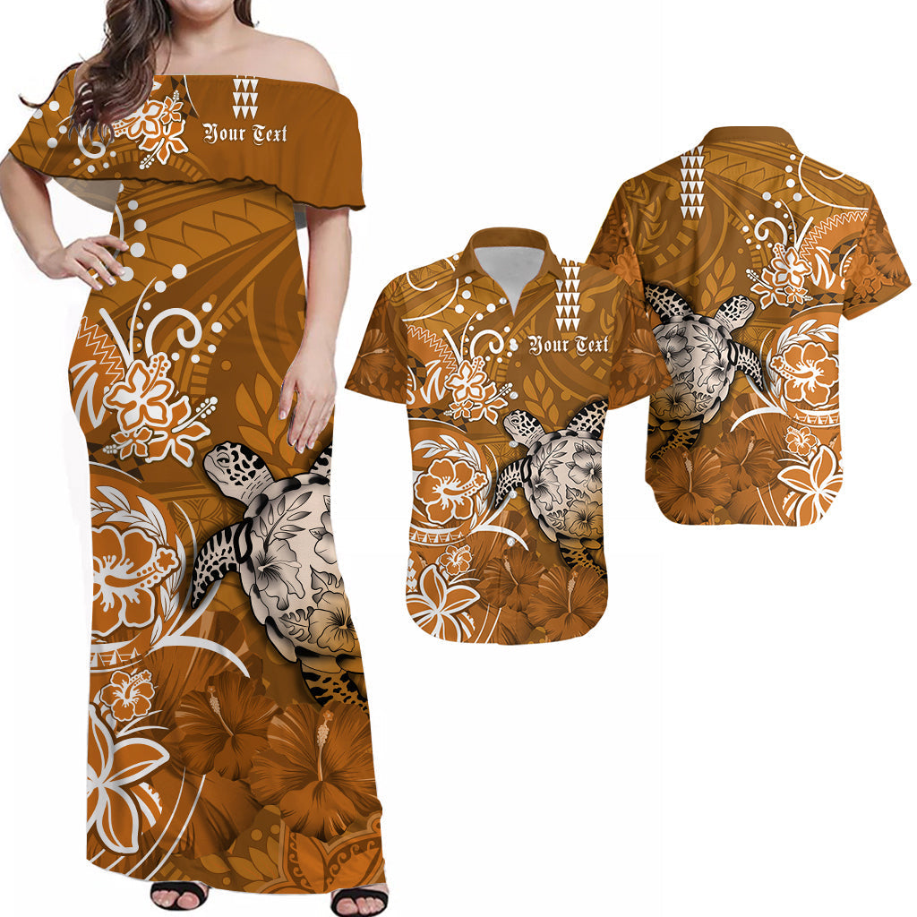 Personalised off-shoulder maxi dress in gold-brown with turtle & hibiscus print, 'Your Text'