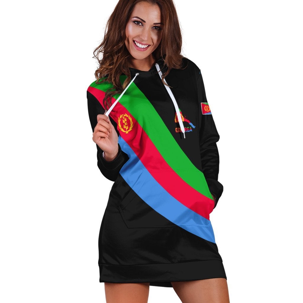 Black hoodie dress with Eritrea flag emblem on chest and green-red-blue diagonal stripes