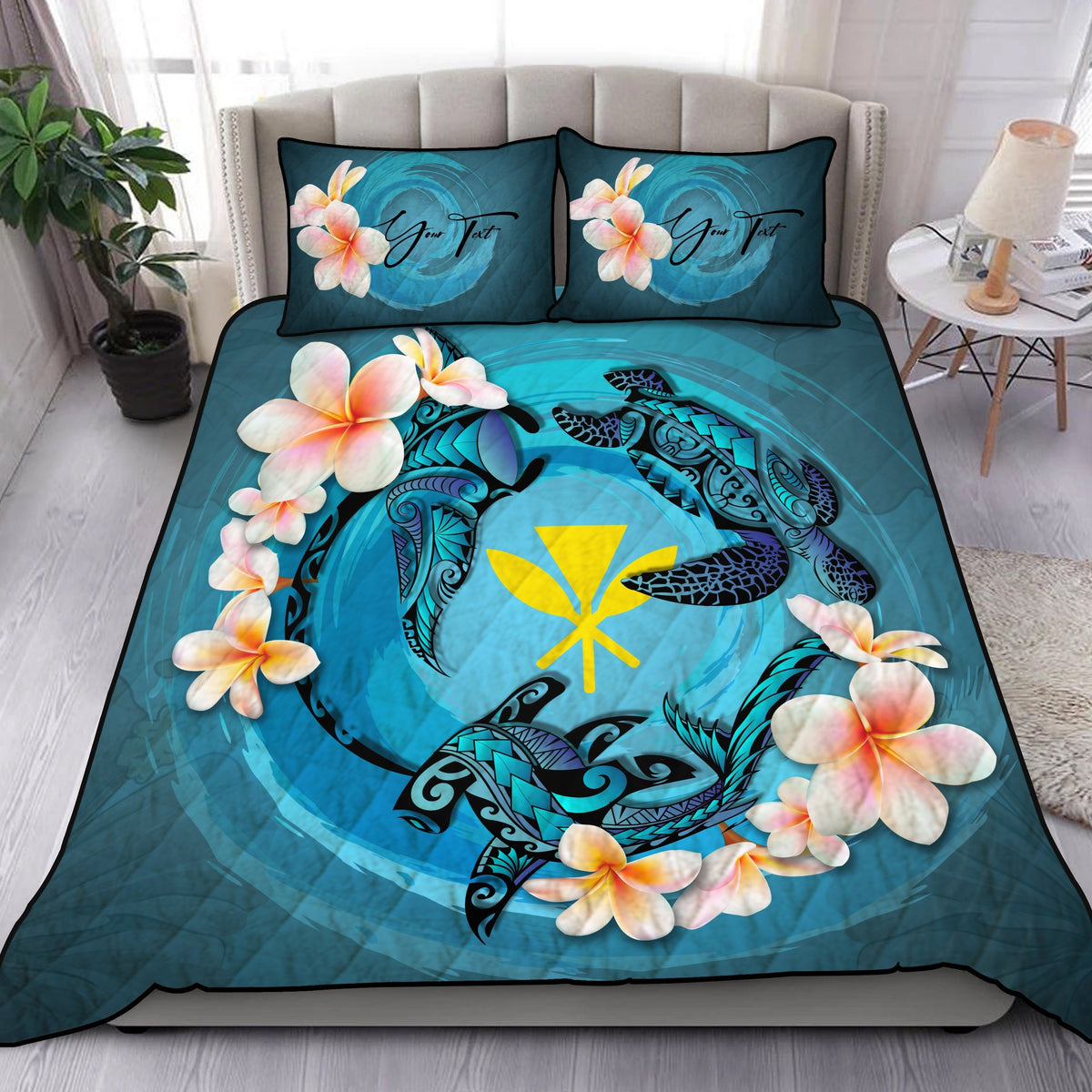 Blaues Hawaii-Quiltbett-Set mit Plumerien, Schildkröten & personalisierter Unterschrift