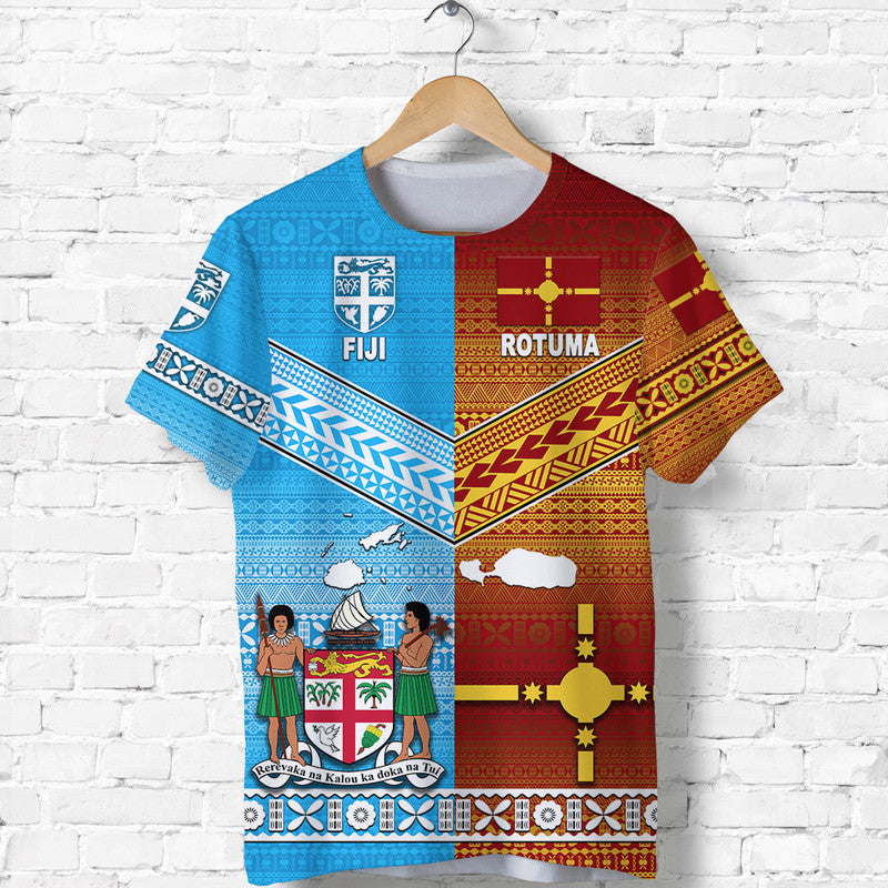 Blue and red tapa-pattern T-shirt with Fiji and Rotuma graphic front