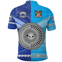 Blue polo shirt back view with Samoa emblem and large circular map pattern