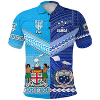 Blue polo shirt, Fiji emblem on left chest, bold geometric band across front