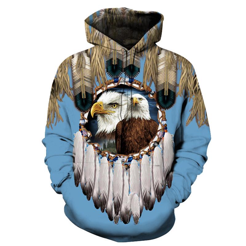 Light blue pullover hoodie with eagle and dreamcatcher graphic, native-style