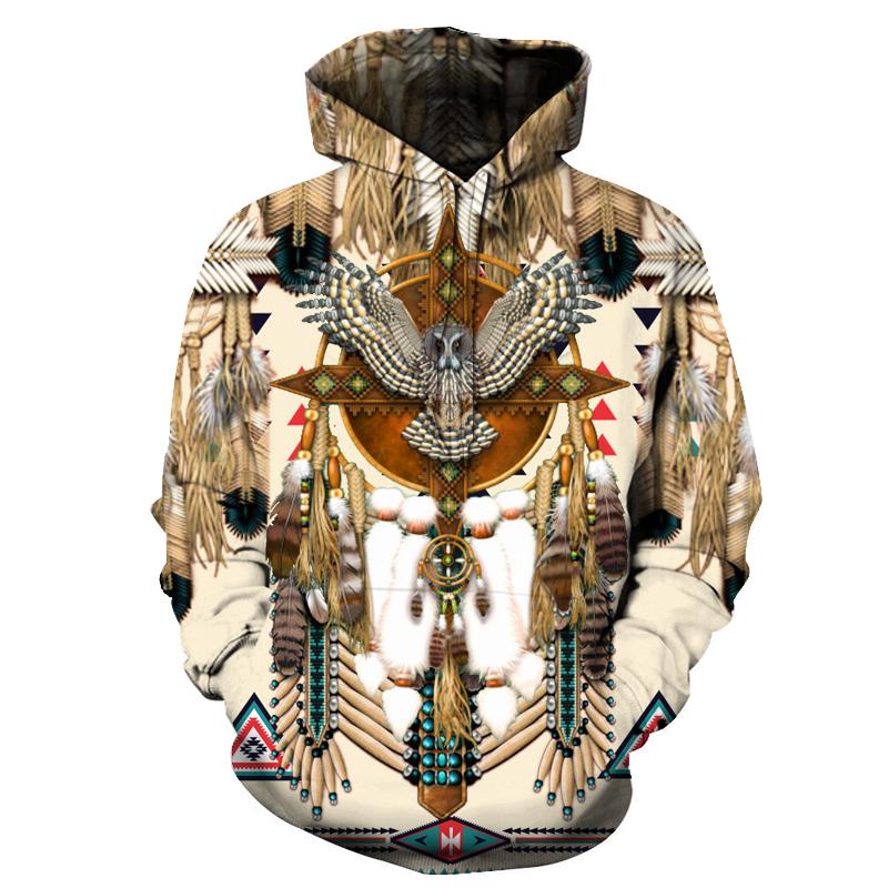Pullover hoodie with owl and dreamcatcher feather graphic, multicolor print
