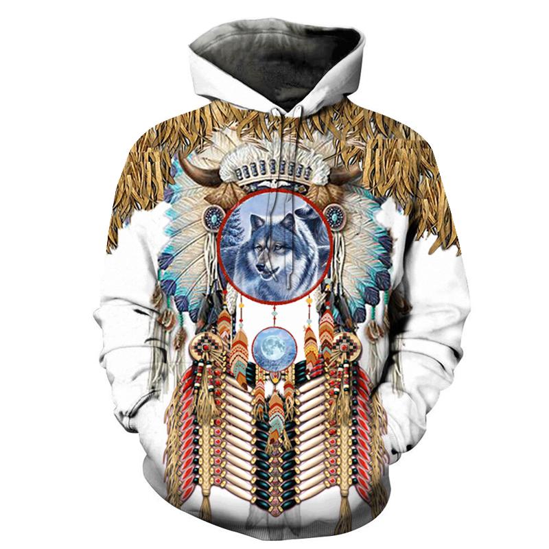 All-over wolf dreamcatcher pullover hoodie, multicolor feather fringe front