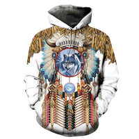 All-over wolf dreamcatcher pullover hoodie, multicolor feather fringe front