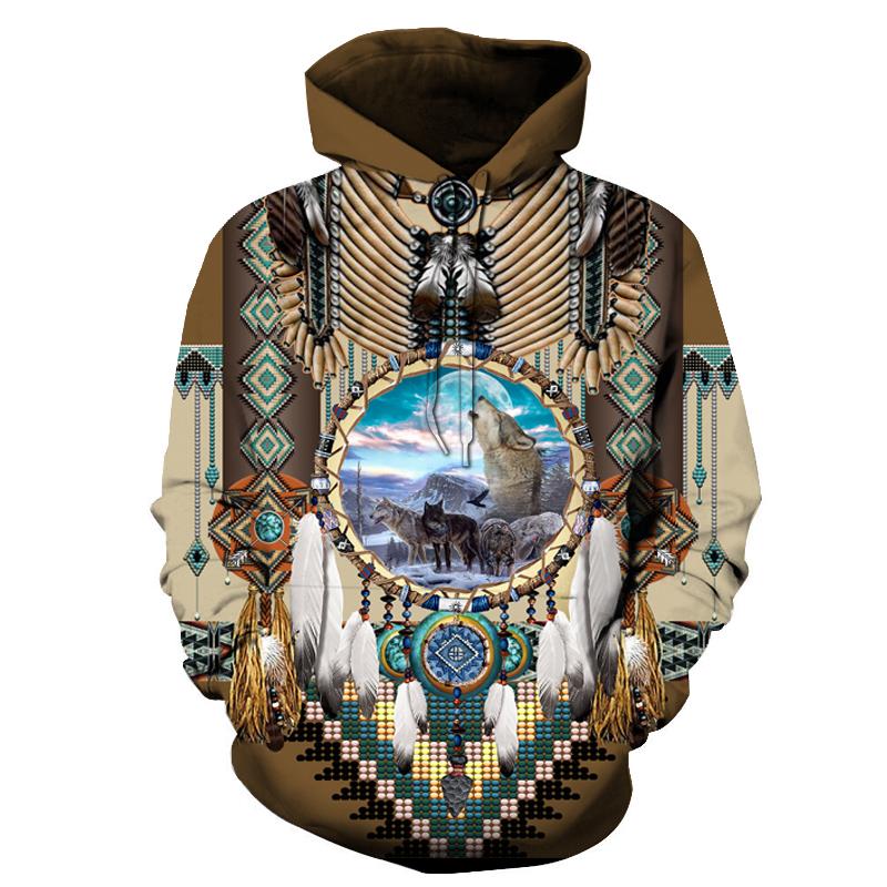 Brown pullover hoodie with dreamcatcher Native print and wolf graphic