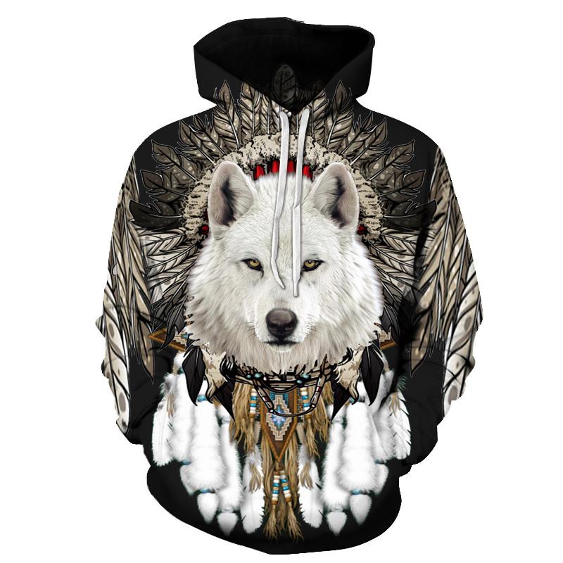 Pullover hoodie with white wolf front graphic, feathers and beaded headpiece, dark base