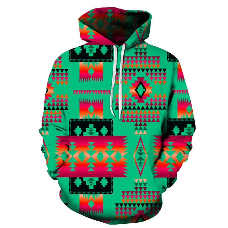 Green zip hoodie with multicolor tribal geometric all-over pattern, hood with drawstrings