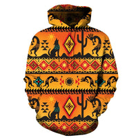 Yellow Native American style pullover hoodie with multicolor tribal graphic and hood