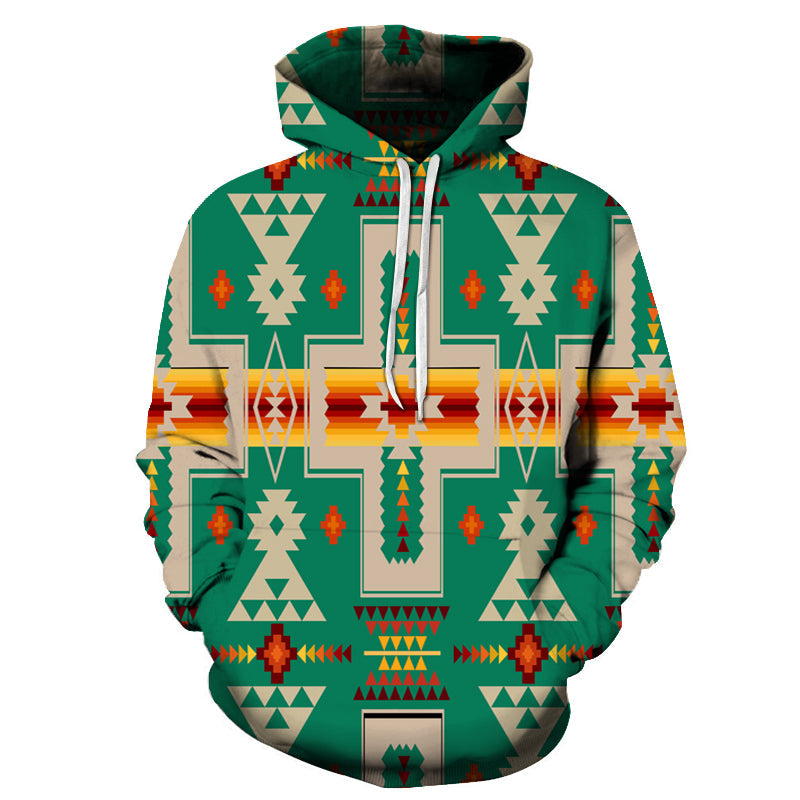 Green pullover hoodie with all-over Native geometric pattern, multicolor