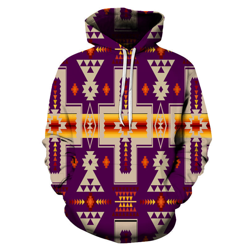 All-over Native American pattern pullover hoodie in dark purple with multicolor geometric print