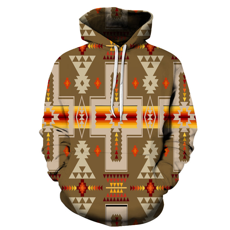 Light brown pullover hoodie, tribal all-over print, front pocket, drawstring hood