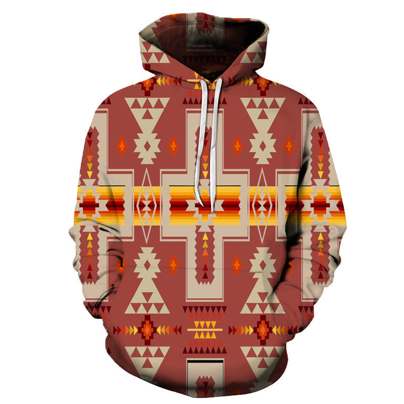 All-over print pullover hoodie with Native-inspired patterns, maroon and tan with colorful accents