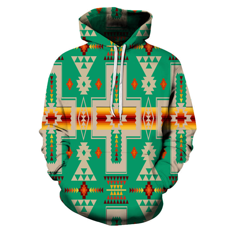 Light green pullover hoodie with native-style all-over tribe pattern and hood