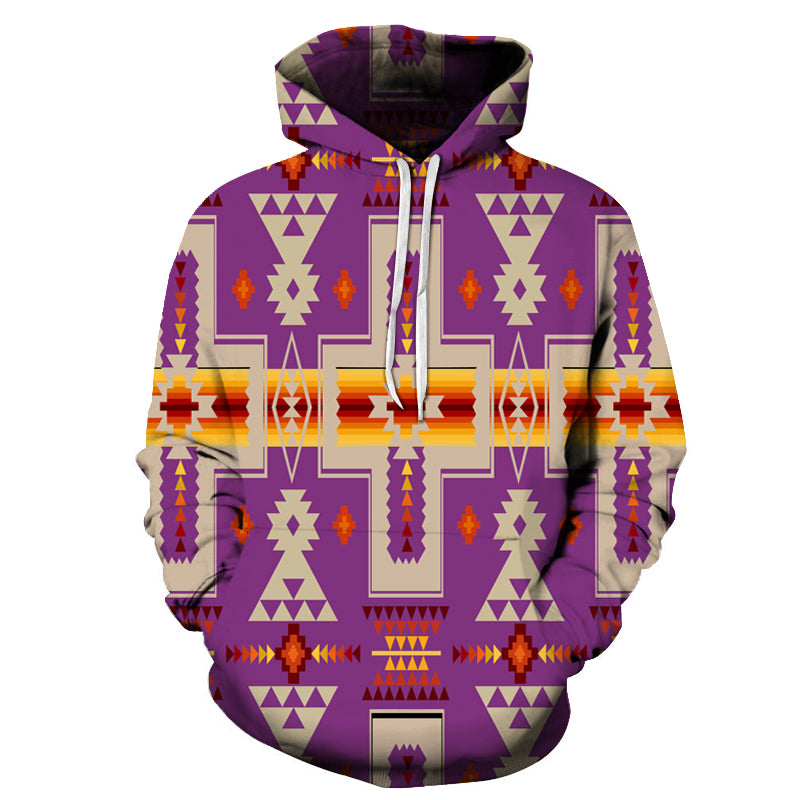 Light purple all-over native tribe pullover hoodie with multicolor geometric print