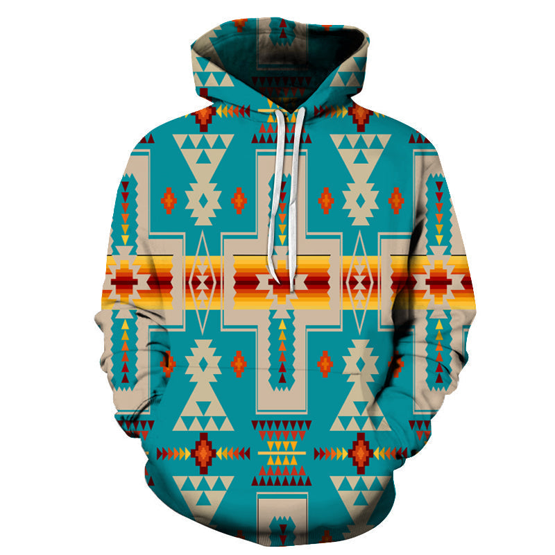 Turquoise tribal all-over pullover hoodie with geometric pattern and drawstring hood