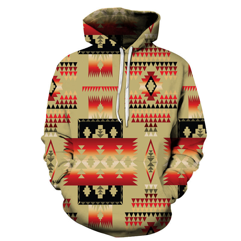 Light brown pullover hoodie with Native tribal pattern all over and front drawstring