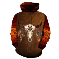 Pullover hoodie with multicolor bison head graphic and tribal geometric sleeves