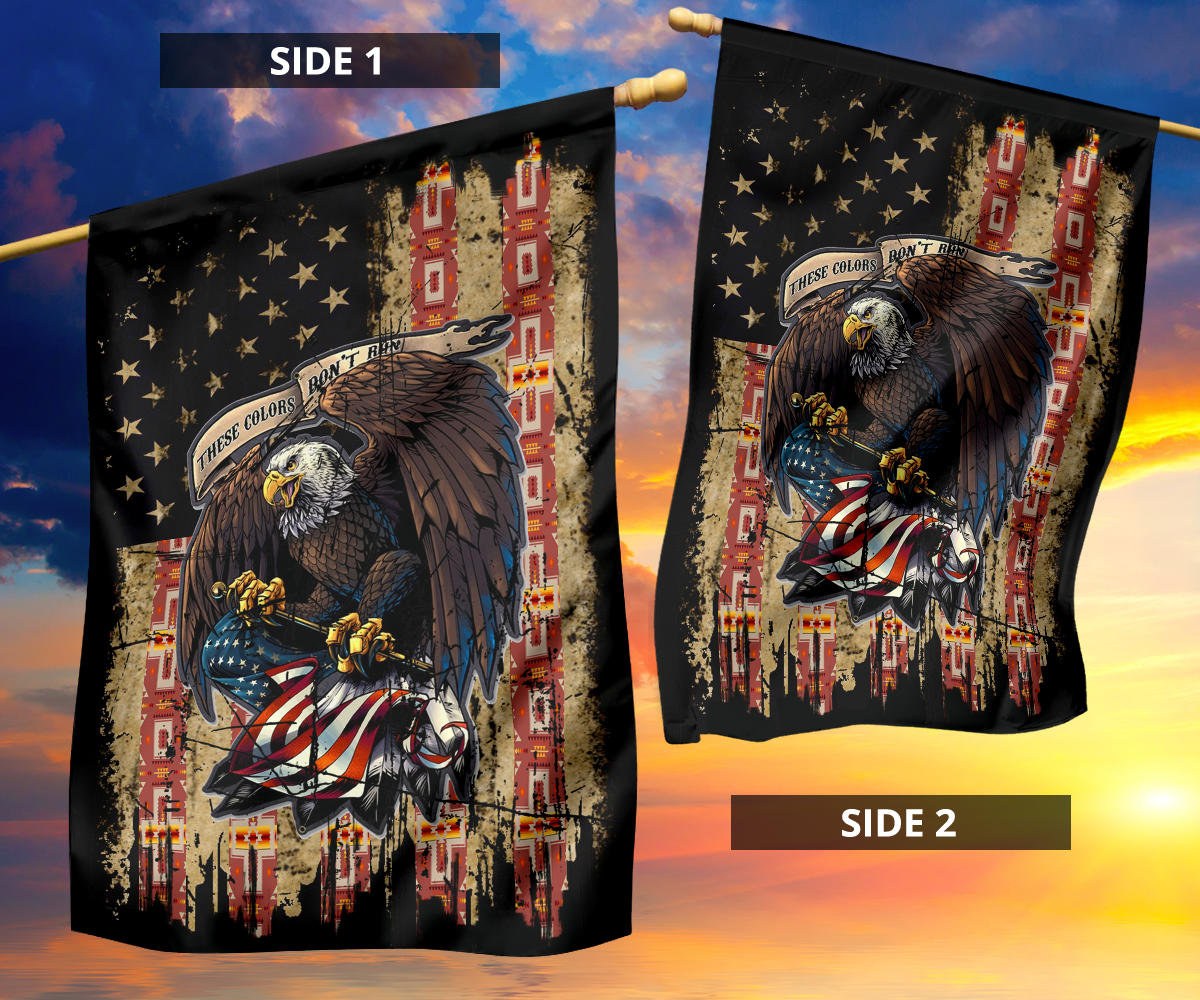 Two-sided flag decor, multicolor bald eagle design; side 1 left, side 2 right
