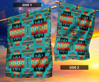 Two-sided multicolor geometric pattern flag, Side 1 and Side 2 panels shown