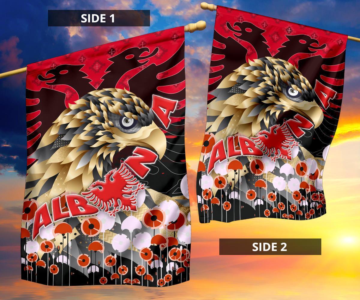 Red Albania house flag, golden eagle center with “ALB” text and red lion motif