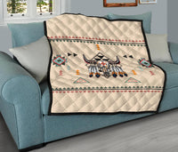 Cream Native-style bison quilt with multicolor geometric trim and black border