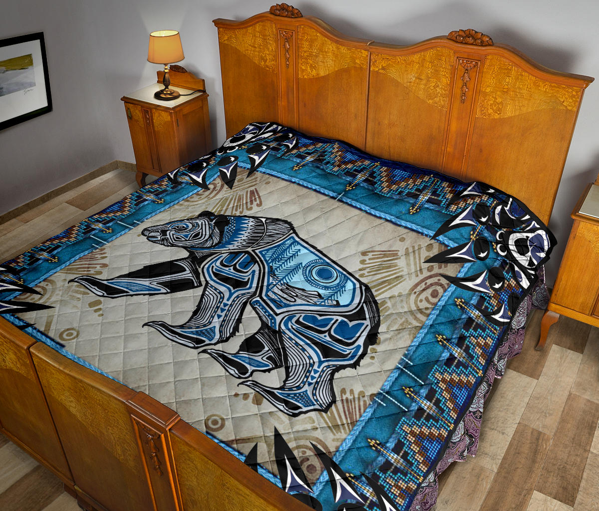 Bear Symbol Quilt, multicolor blue-black-white, geometric border & bear motif