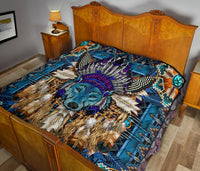 Blue mandala premium quilt with detailed native-style wolf and multicolor geometric accents