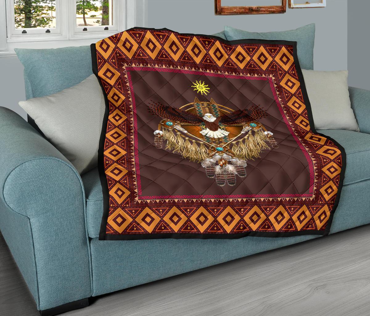 Multicolor Native American eagle quilt with diamond border and fringed center design