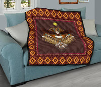 Multicolor Native American eagle quilt with diamond border and fringed center design