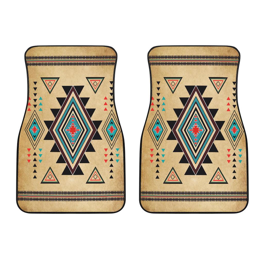 Pair of tan front car mats with colorful Southwest geometric star-and-diamond design