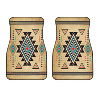 Pair of tan front car mats with colorful Southwest geometric star-and-diamond design