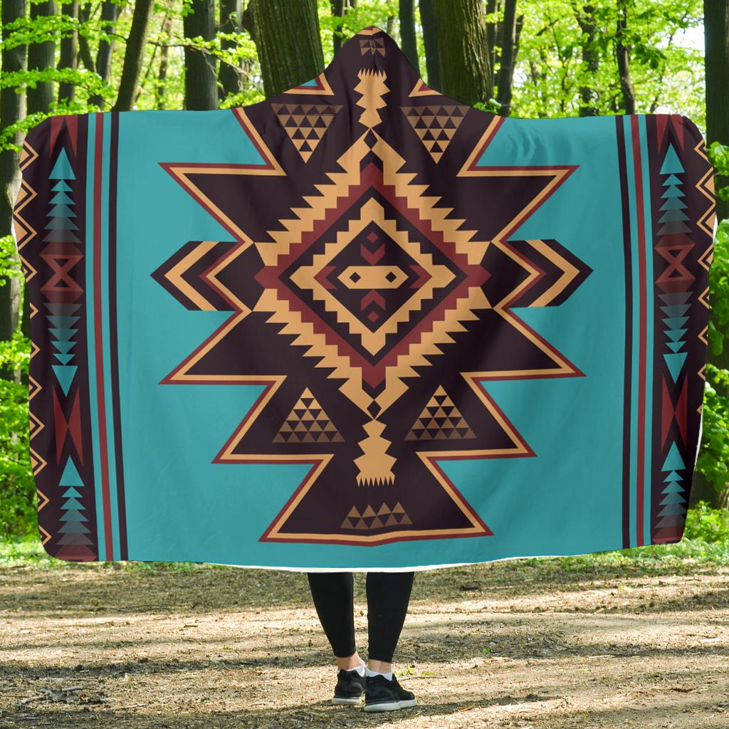 Hooded blanket with turquoise base and tribal stripe border, multicolor pattern