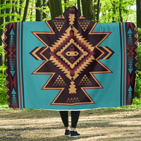 Hooded blanket with turquoise base and tribal stripe border, multicolor pattern
