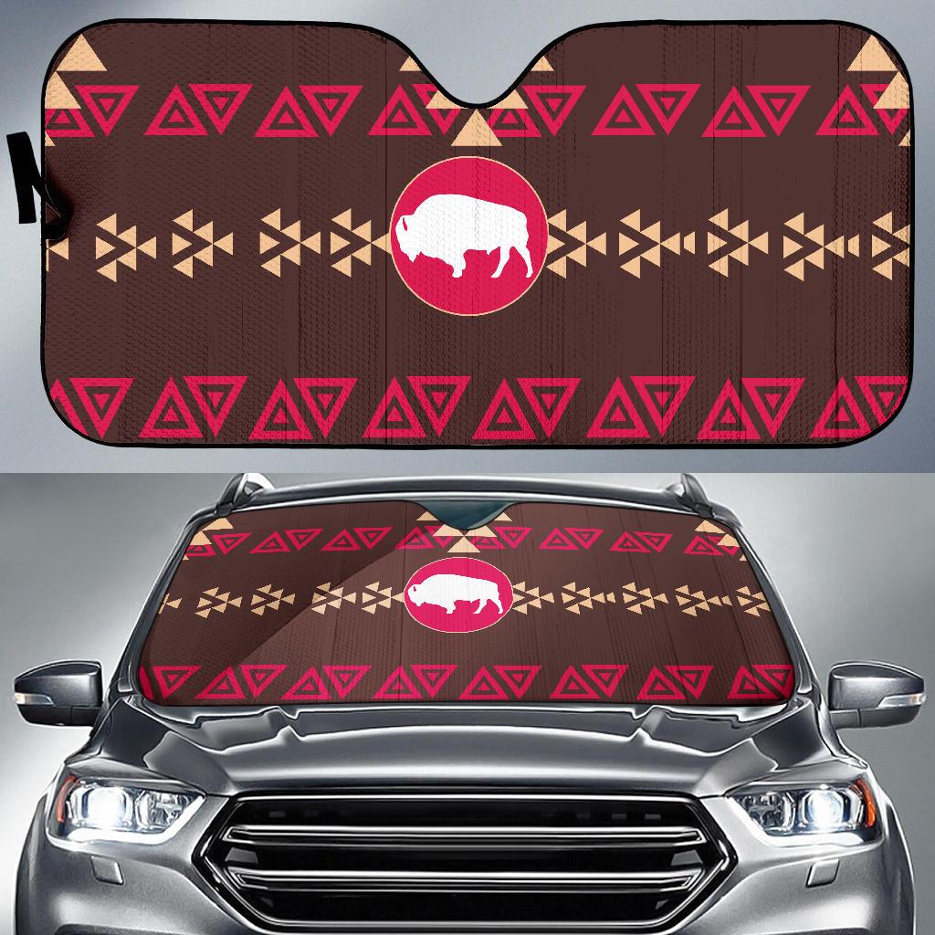 Brown auto sun shade LT10 with geometric Native patterns and buffalo emblem