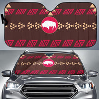 Brown auto sun shade LT10 with geometric Native patterns and buffalo emblem