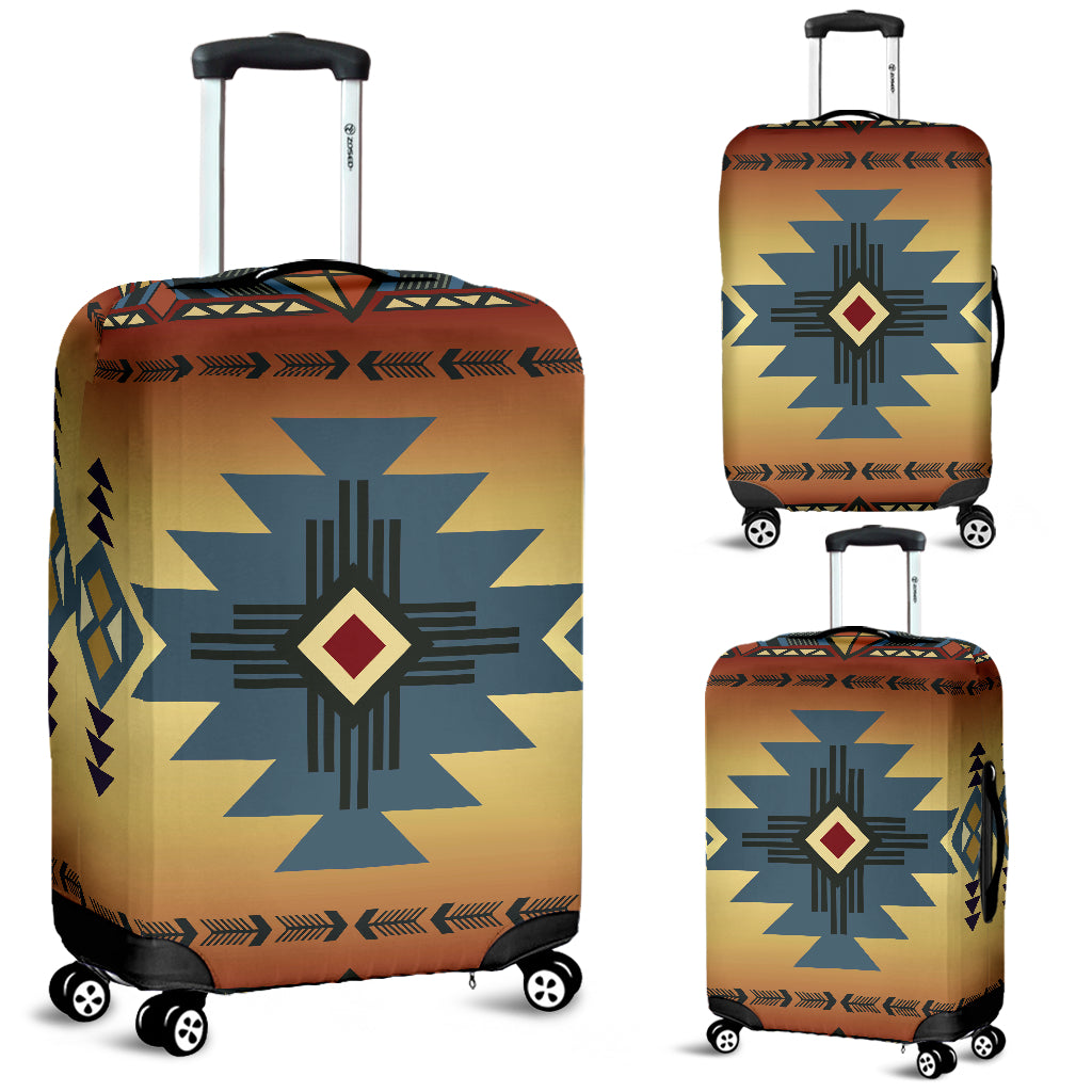 Southwest native-style luggage cover, blue and orange geometric symbol on tan background