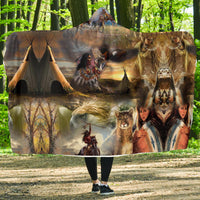Hooded blanket with Native American-style scene print, white-lined hood