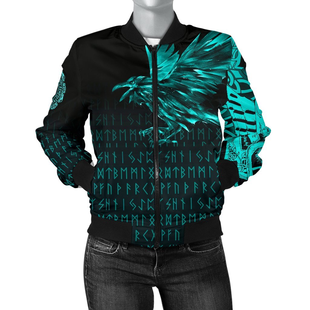 Viking Women's Bomber Jacket - The Raven Of Odin Rune Cyan RLT12 - Wonder Print Shop