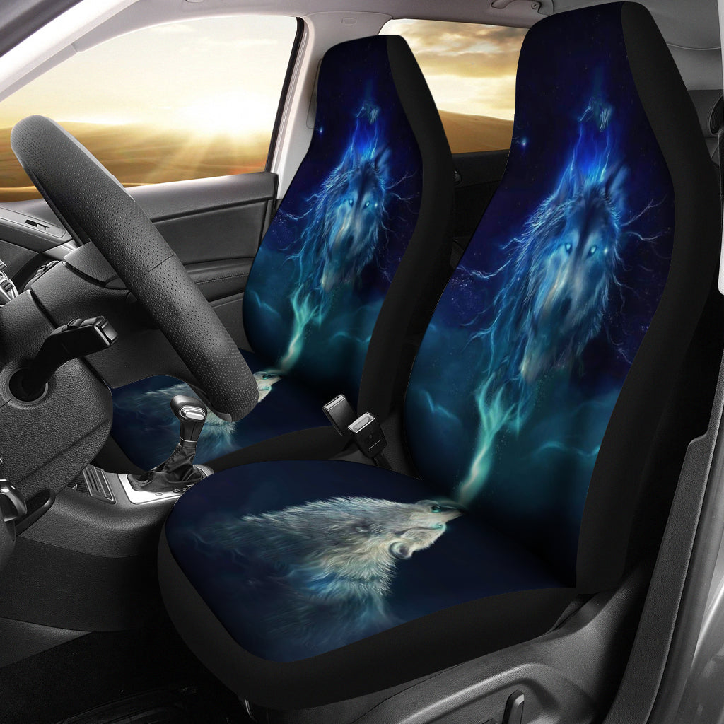 Dark blue wolf graphic car seat cover with glowing light rays, multicolor.