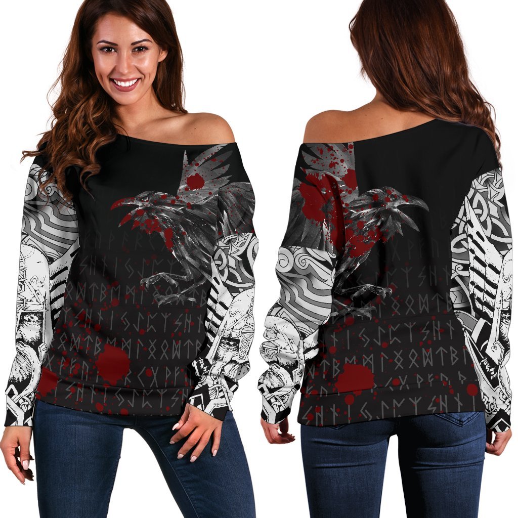 Viking Women's Off Shoulder Sweater - The Raven Of Odin Rune Blood RLT12 - Wonder Print Shop