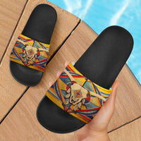Yellow slide sandals with black footbeds and bison skull native print