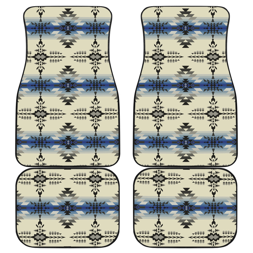 Set of 4 car mats with seamless multicolor geometric pattern, cream base, blue accents