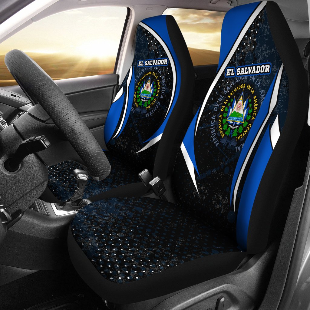 Car seat covers set with El Salvador crest graphic, blue sides, black and white trim, sparkly dots
